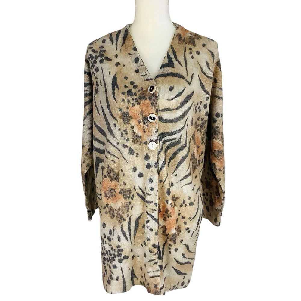 Gabriella T Italy Merino Wool Blend Cardigan Sweater 1X Floral Animal 3/4 Sleeve